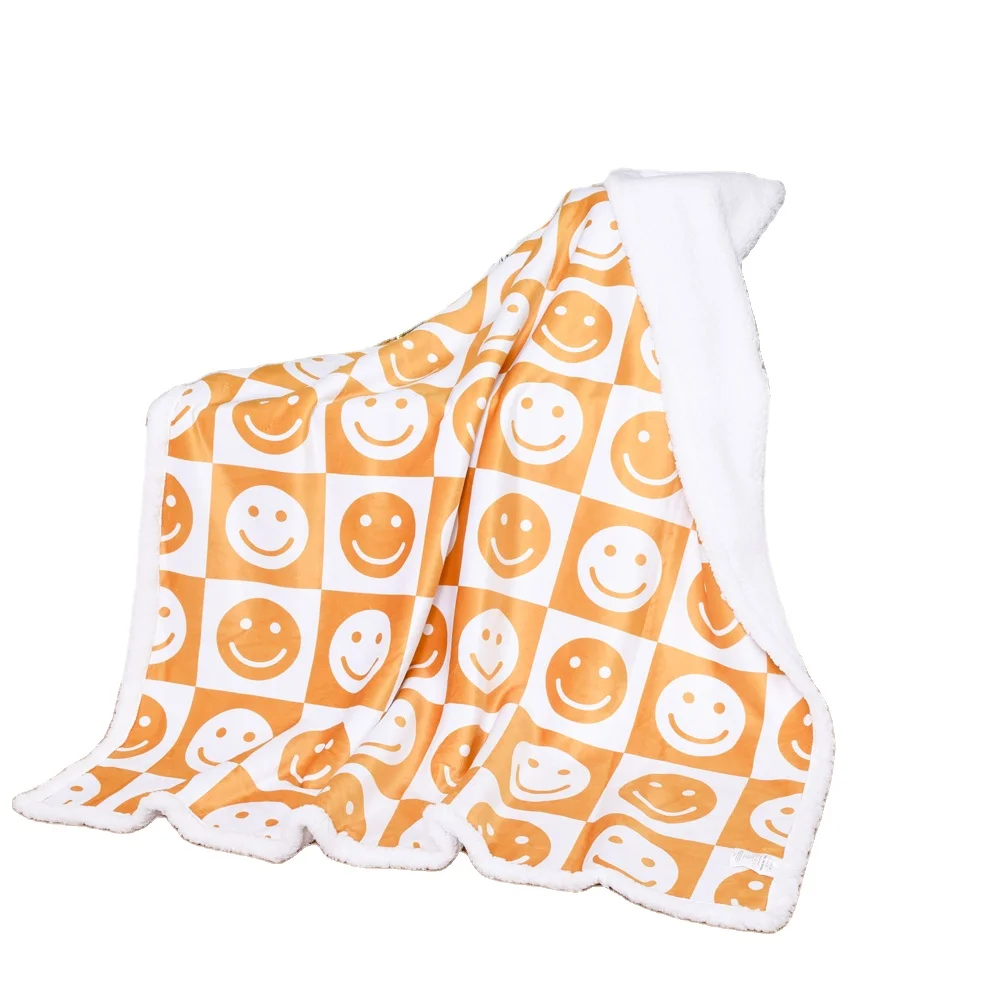 soft smiley face plush warm king size Custom print sherpa throw blanket reversible soft blank for winter for bed sofa home couch