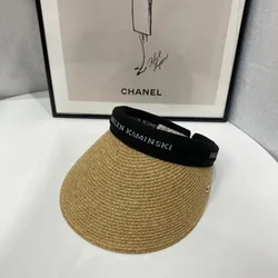 Visor Hat Summer Letters Raffia Grass Hairband Empty Top Hat Vacation Ponytail Outdoor UV Protection Cap Sun Straw Visor