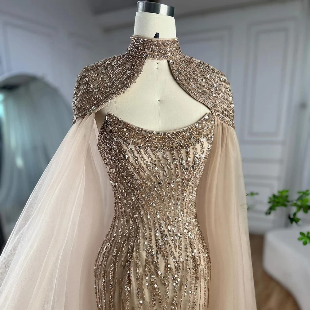 Serene Hill Dubai Caramel Mermaid Long Cloak Beaded Pearls Luxury Evening Dresses Gowns For Women Wedding Party 2024 LA72223