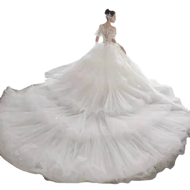White French light wedding dress 2021 new bride princess super fairy luxury palace style high-end large tail wedding dress