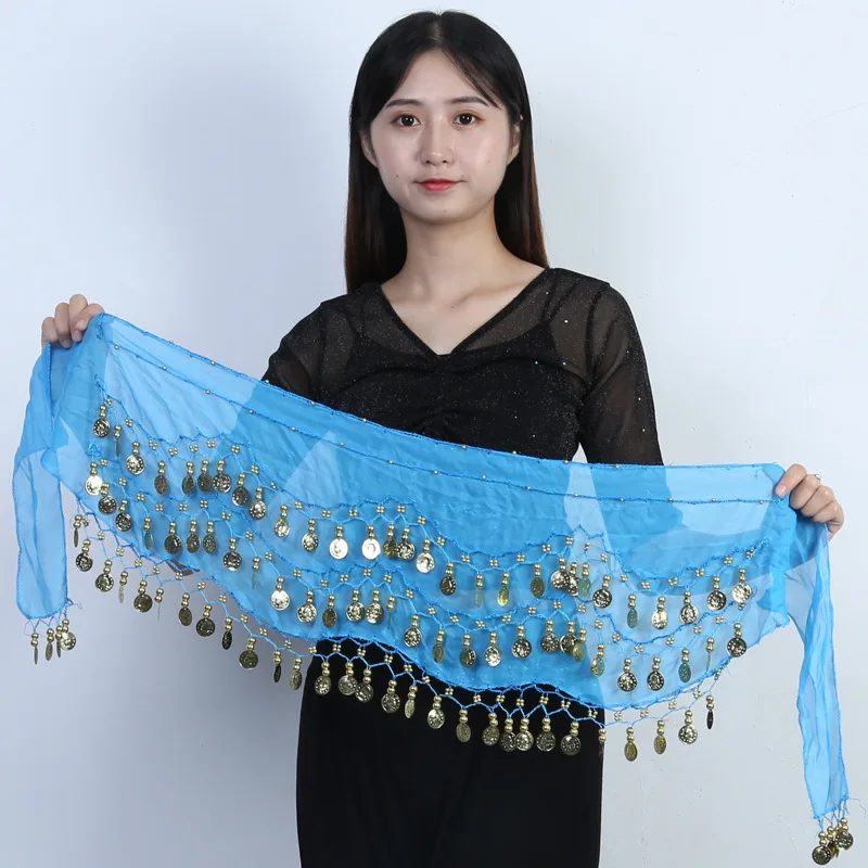 Belly dance waist chain Chiffon triple gold belt Indian dance practice Performance hip scarf scarf Clothing and accessories
