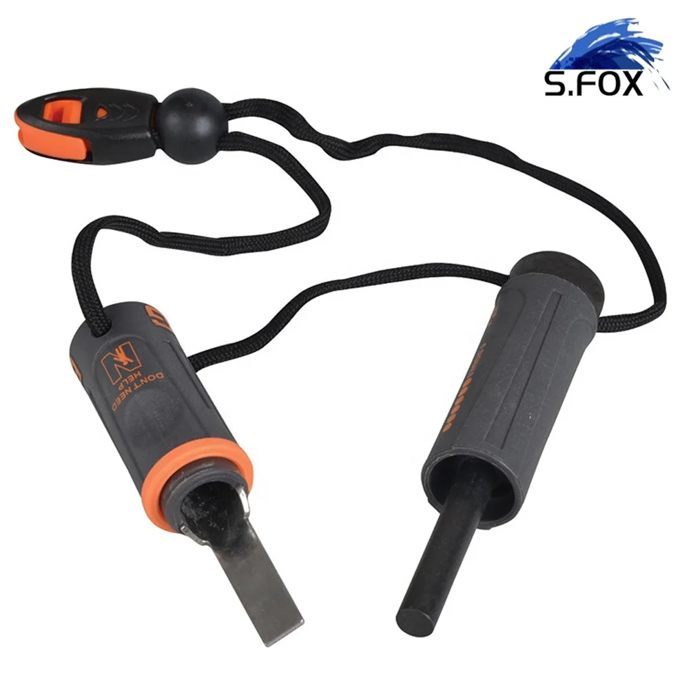 outdoor survival magnesium flint tooth scraper stone fire starter lighter kit + whistle