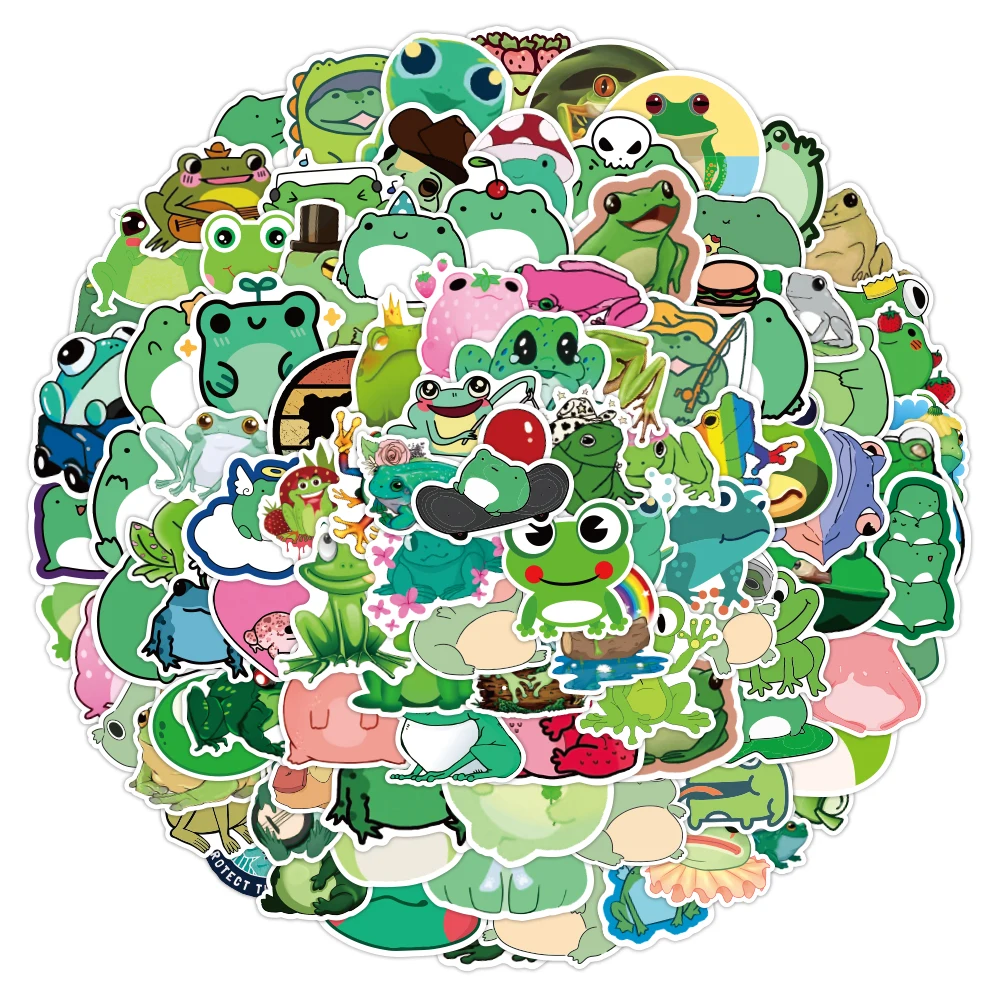 100 Pcs/Pack Waterproof Cartoon Frog Sticker Custom Cute Green Vinyl Animal Stickers for Teen Girls Phone Laptop Motorcycle