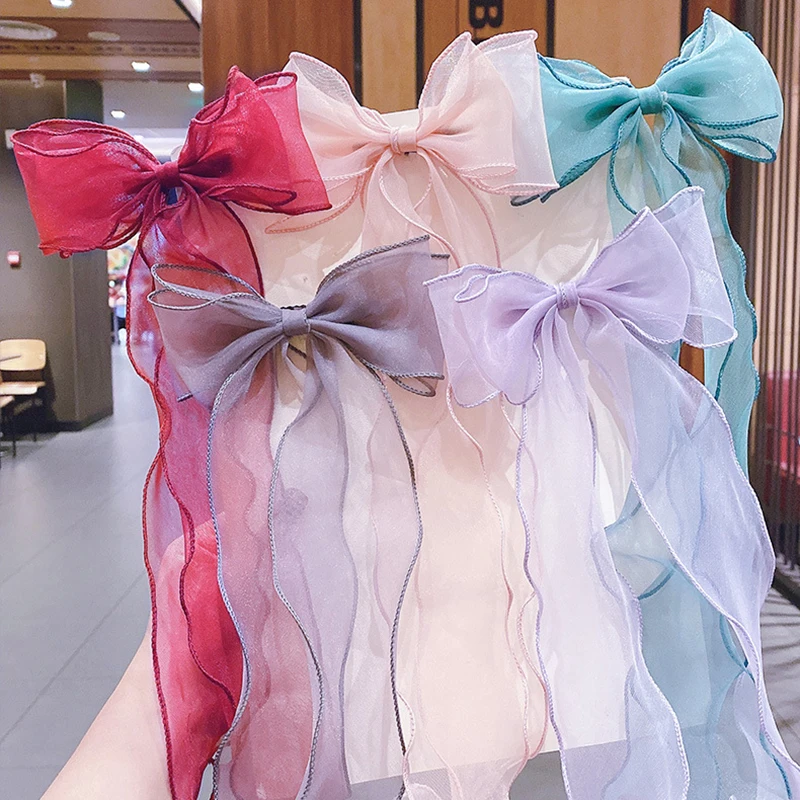 Wholesale American and European Style Fabric Hair Clip Korea Organza Ribbon Bows Hairpin for Girls Red Color for Daily Use