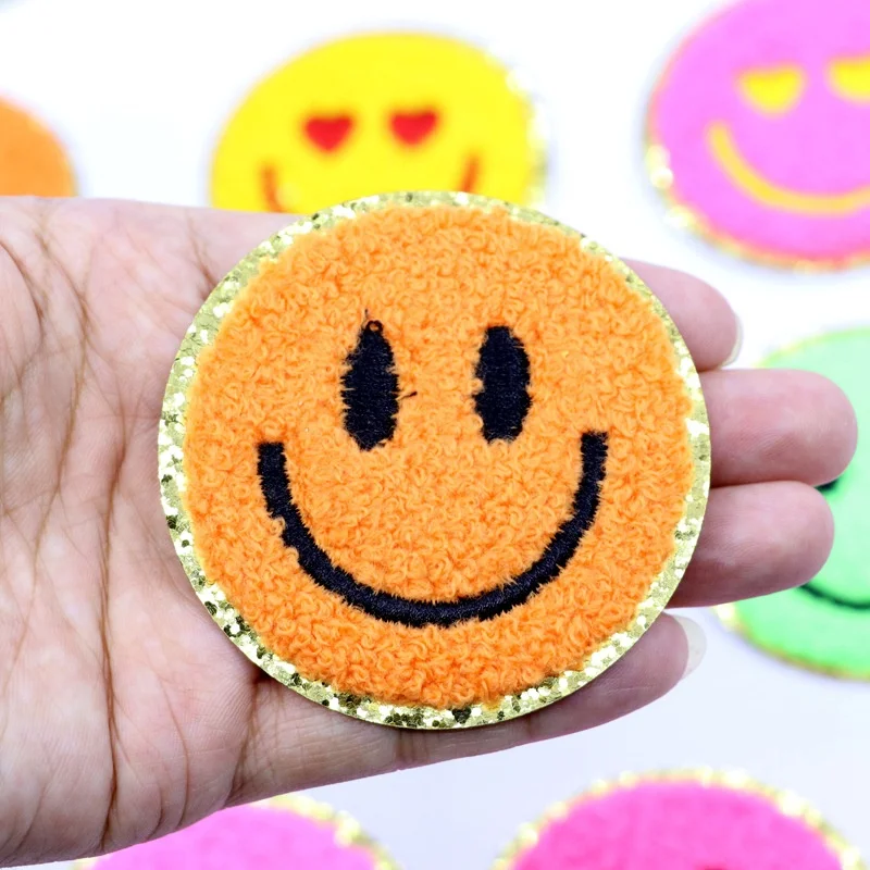 Shenglan Happy Face Patches Smiley Iron On Patches For Clothes Jackets Jeans Hats Backpacks DIY Decorations(Gold Edge)
