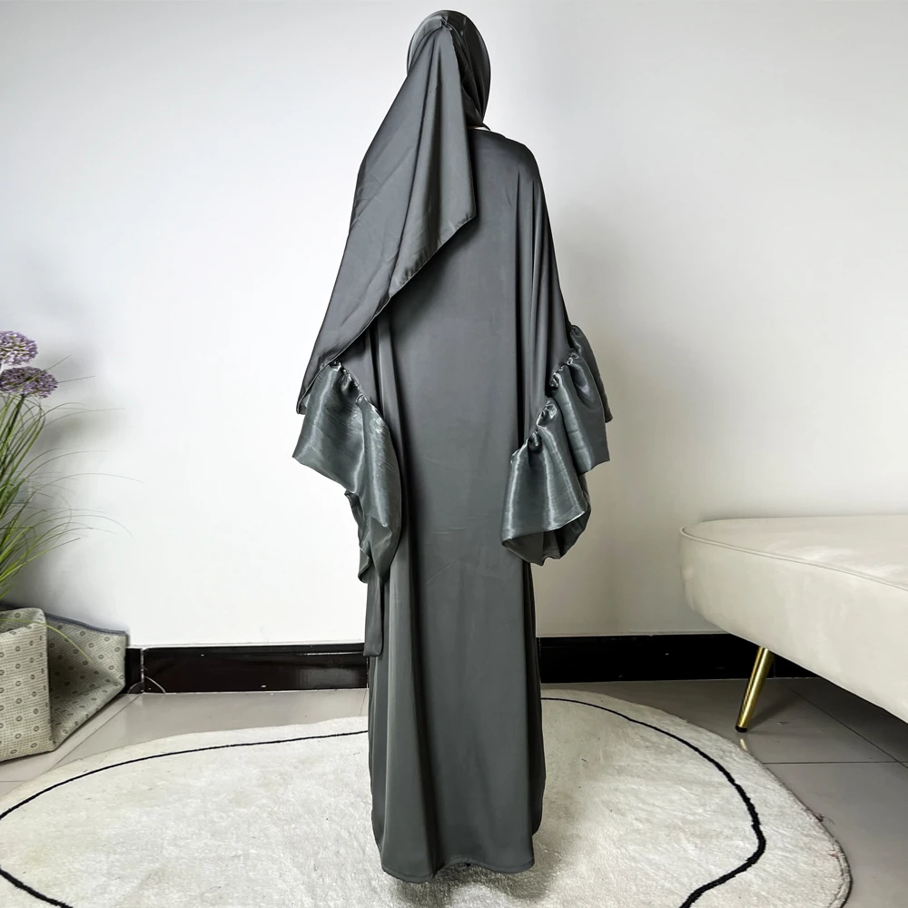 New arrival Dubai saudi arabic plain shiny satin fabric puff sleeve trending modest muslim abaya dress