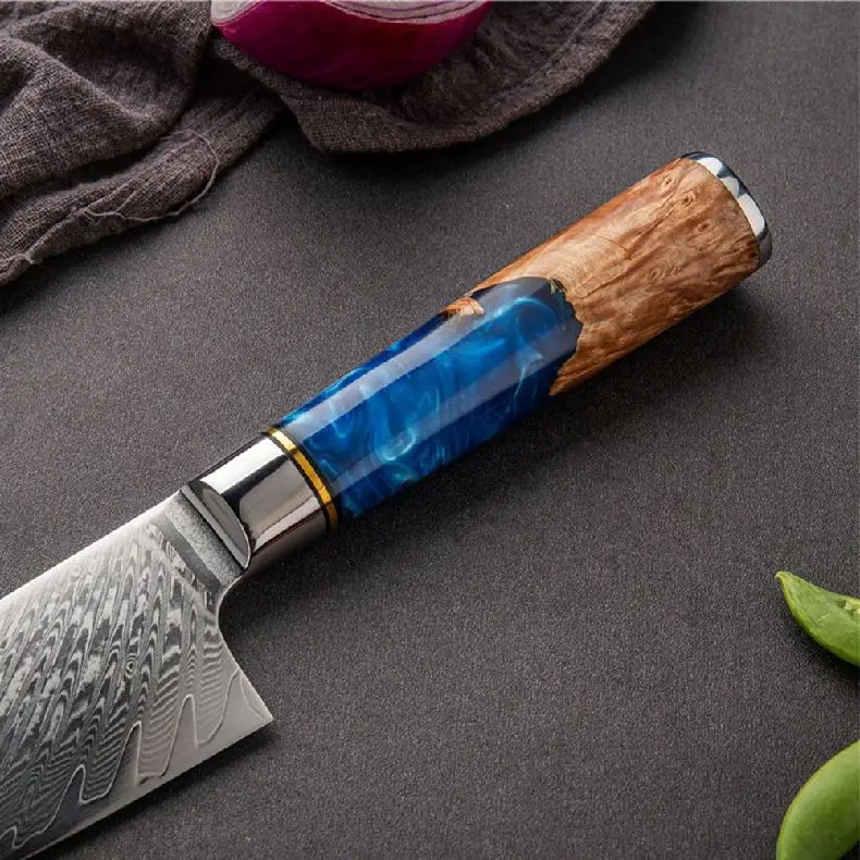 Premium kitchen knife blue resin and wooden handle 5inch utility Damascus kitchen knife