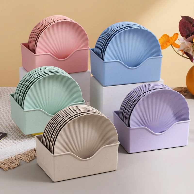 Candy Colors Shell Shape 5/10 PCS Cheap Bulk Dinner Plates Set Wheat Straw Plastic Plates Reusable with Storage Box