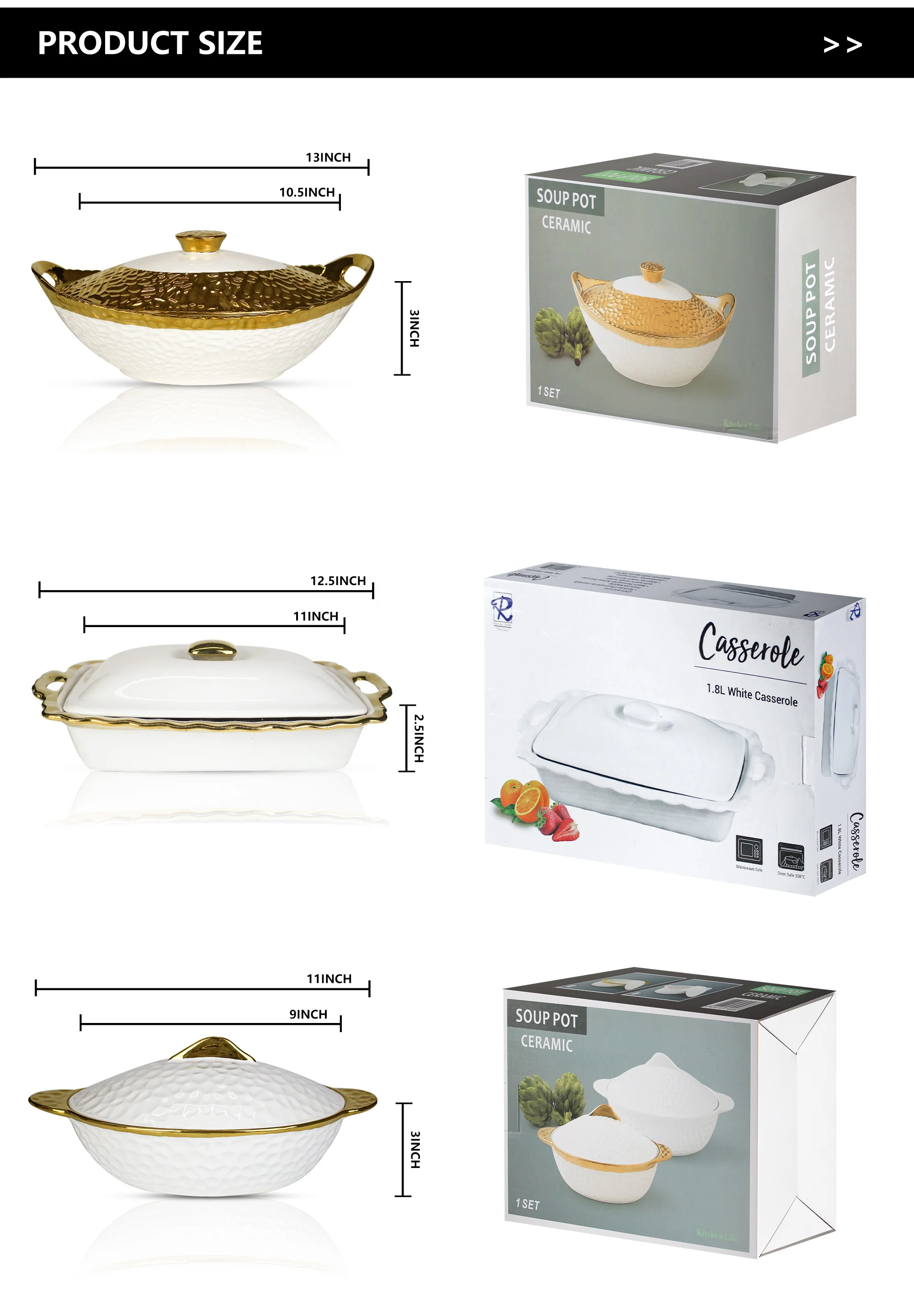 JIUWANG gold-plated Ceramic Baking Dish and Ramekins Set Casserole Dish with Handles Packaging