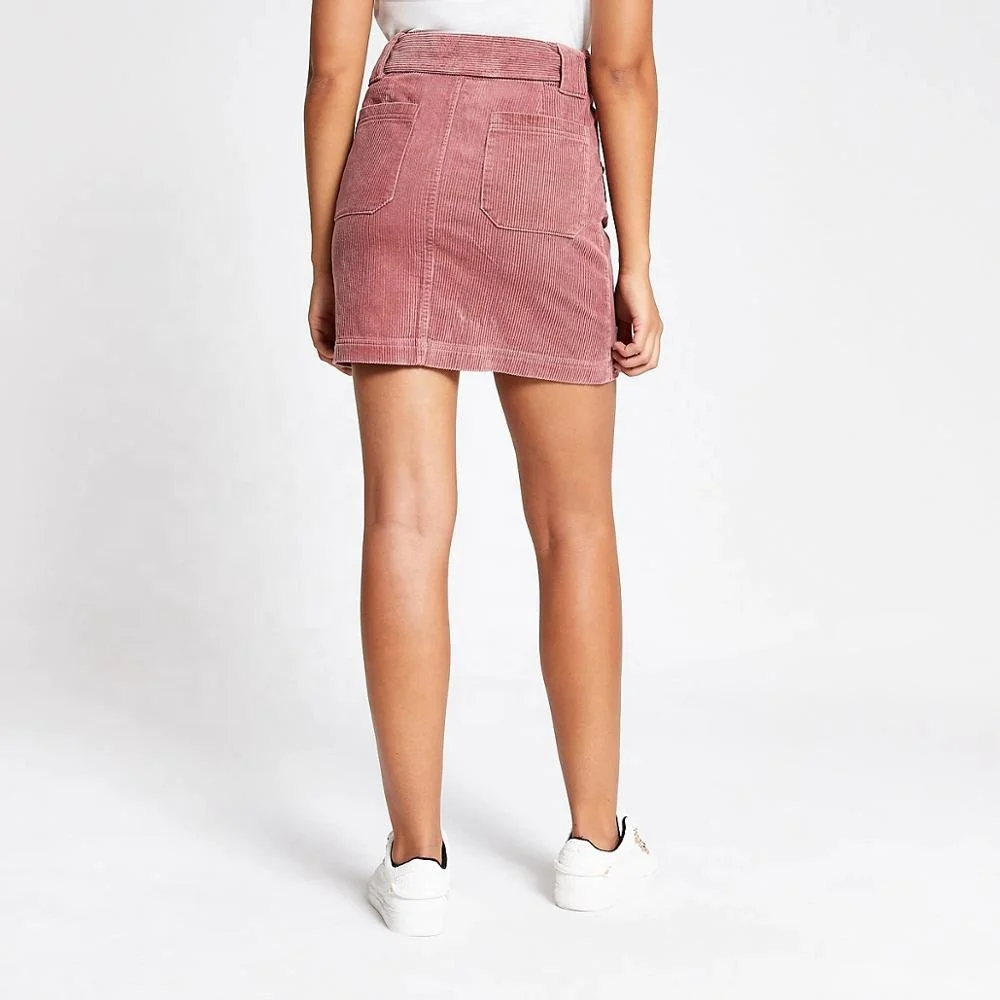 Support customization 100% Cotton pink skirt women pink corduroy belted sexy mini skirt