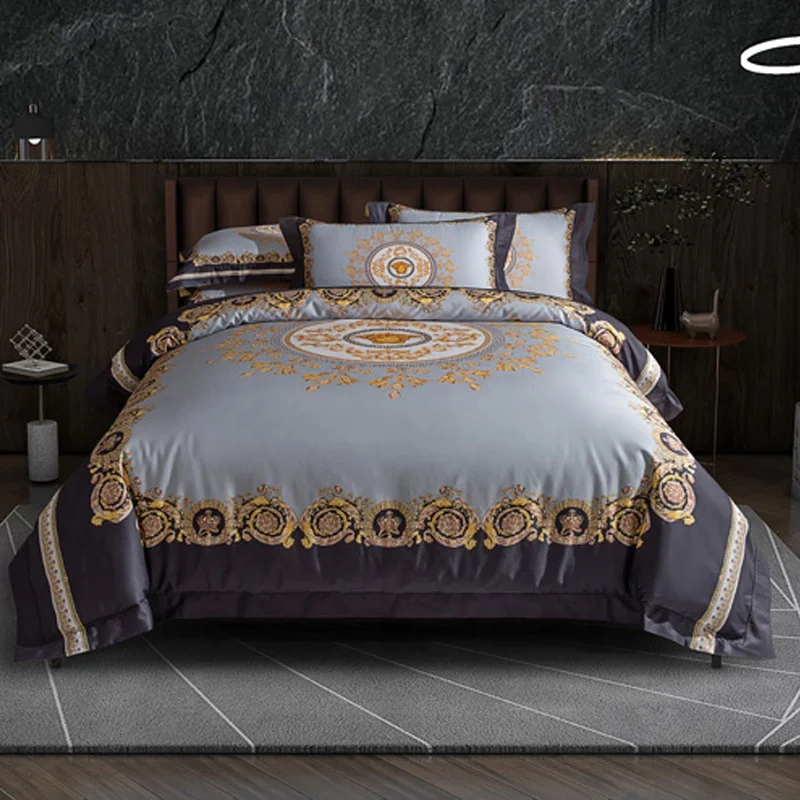 Luxury 100S Cotton Bedding Set baroque Style-E Digital Printing Duvet Cover with Zipper Closure Bed Sheet Pillowcases Set