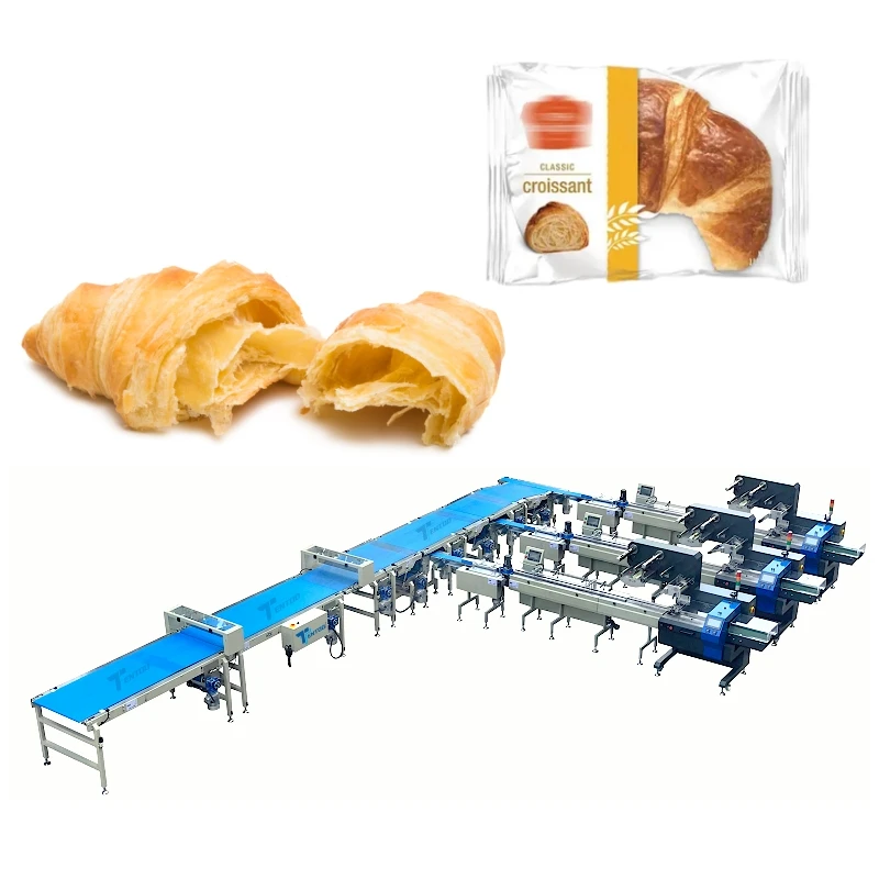 Easy to operate automatic flow egg roll meat floss cakes burger croissant bread packing machine
