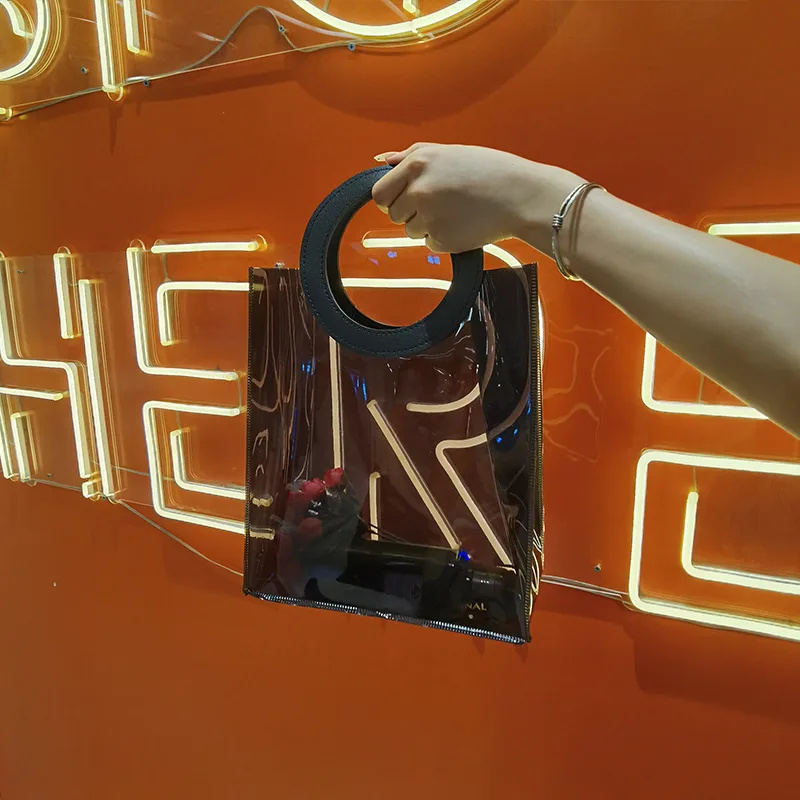 customizable hologram laser transparent PVC plastic tote bags shopping handbags with logo good quality gift bag beach bag