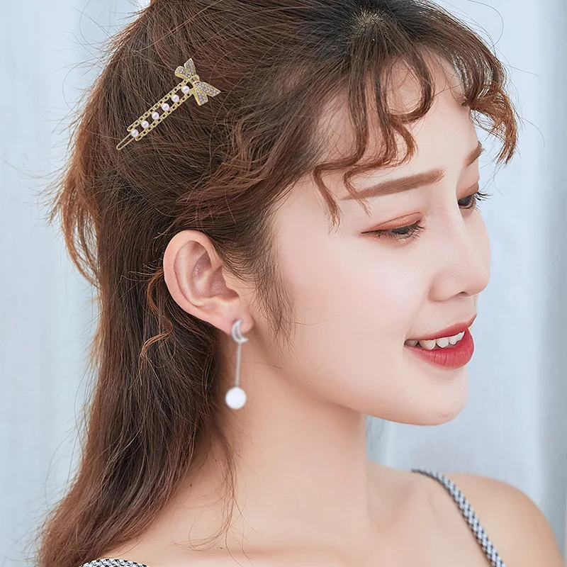BELLEGIRL Korean attractive pearl metal hair clips accessories women elegant rhinestone bow frog grips hair pins