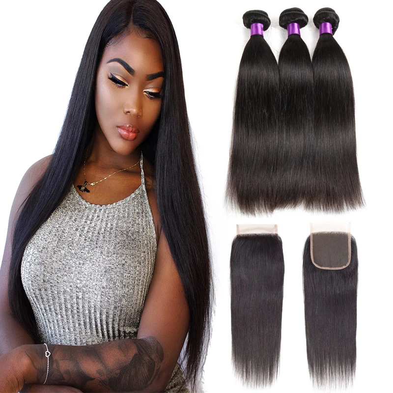 3 Bundles with Closure Brazilian Straight Hair Bundles With Closure 8A Non Remy Hair Human Hair Extensions