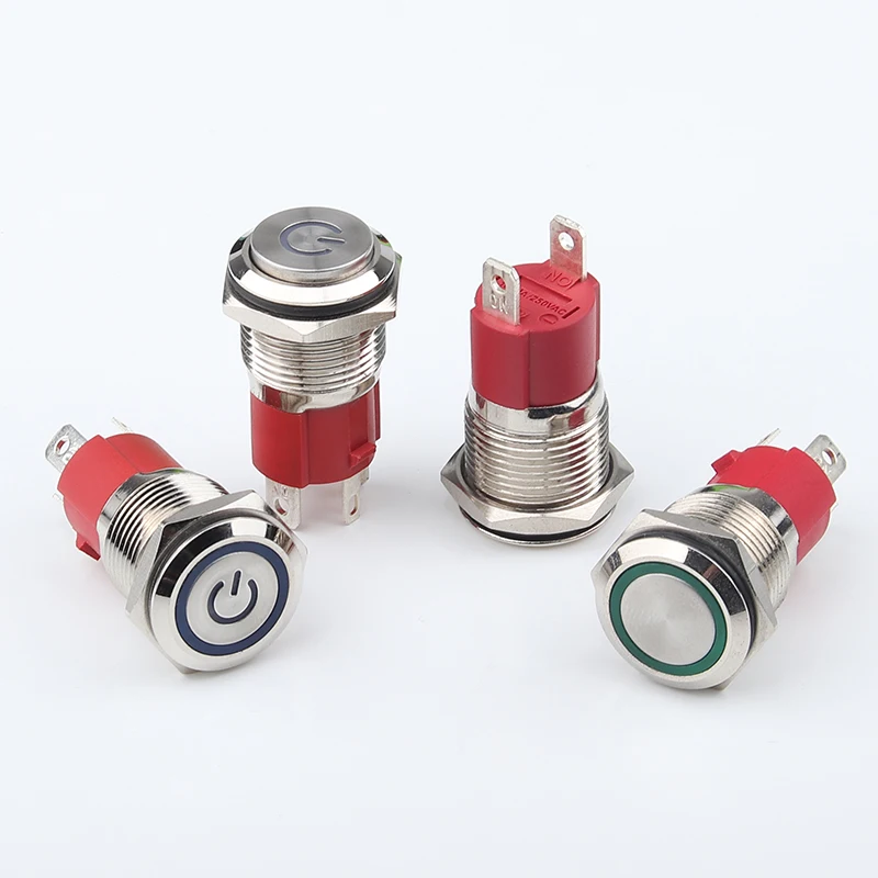 Push Button Switch Momentary Led Push Button Switch with Connector LED Ring Light-emitting Power Symbol Waterproof Metal 16 Mm