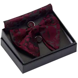 Fashion Silk Big Bowtie Handkerchief Cufflinks Set Bule Black Paisley Floral Jacquard Hanky Bow Ties for Men Business with Box
