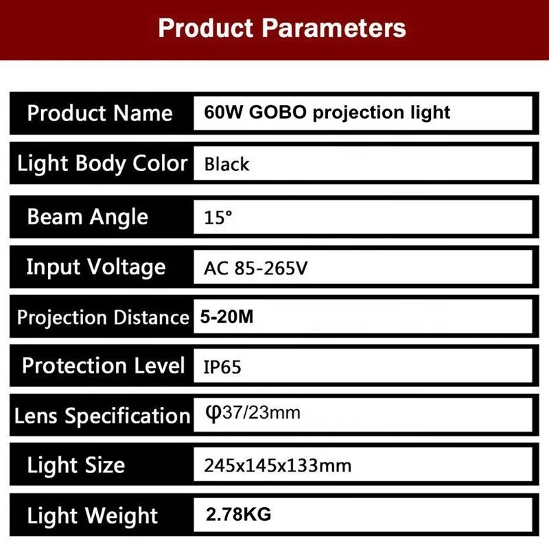 
60W LED GOBO Logo Projector Light with Remote Control Gyrating Function Manual Zoom Focus Customized Gobos 