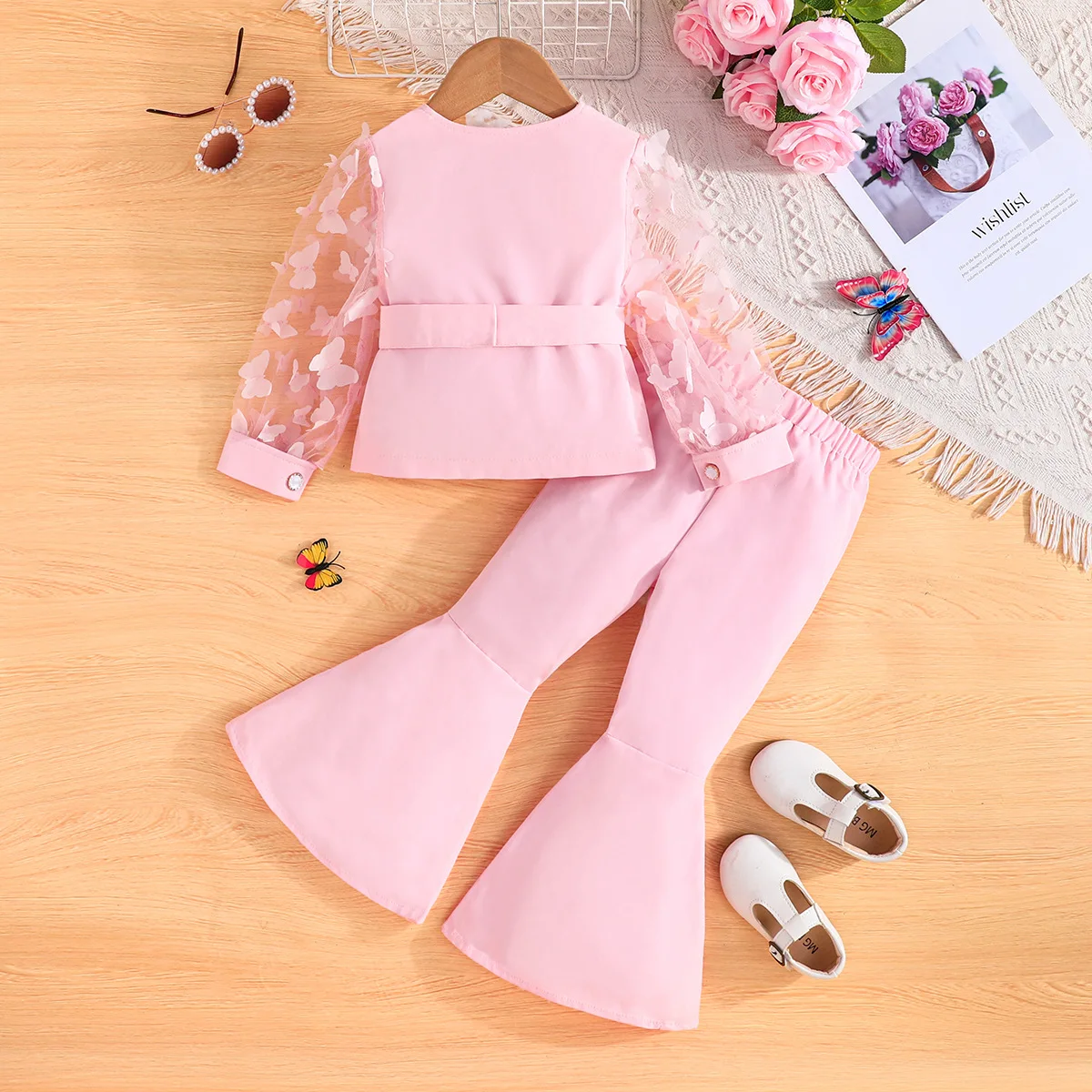 Boutique Spring Autumn Kids Clothing Mesh Embroidered Long Sleeve jacket With Belt And Flared Pants Girls Clothing Set