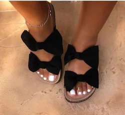 Женские сандалии с бантом-бабочкой, уличные тапочки с леопардовым принтом, симпатичные туфли без застежек на плоской подошве, лето 2020