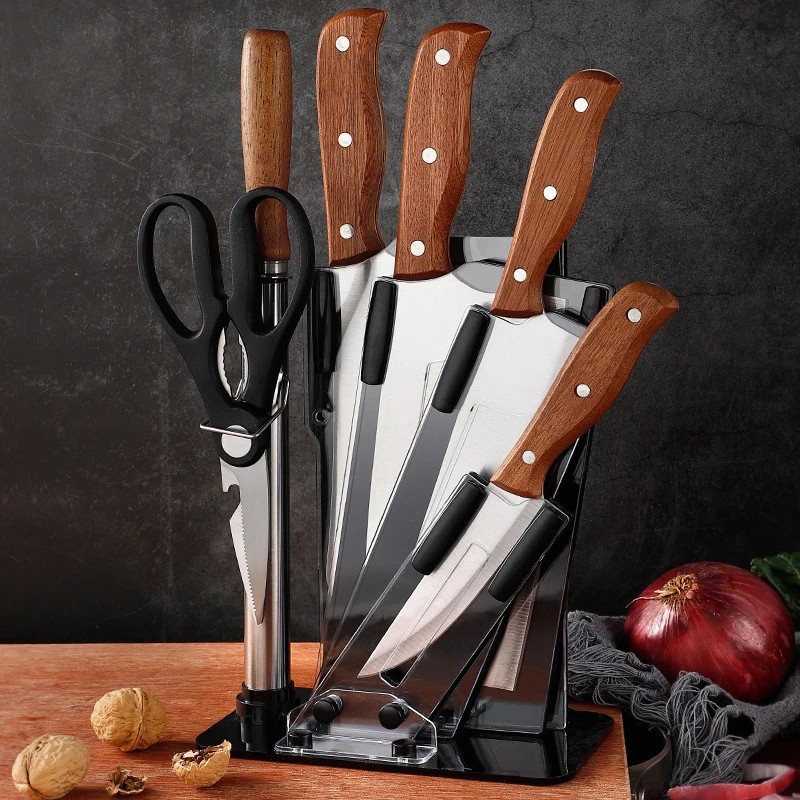 Knife Set Stainless Steel Household Kitchen Knife sharpener scissor  wooden handle chef knife set with stand