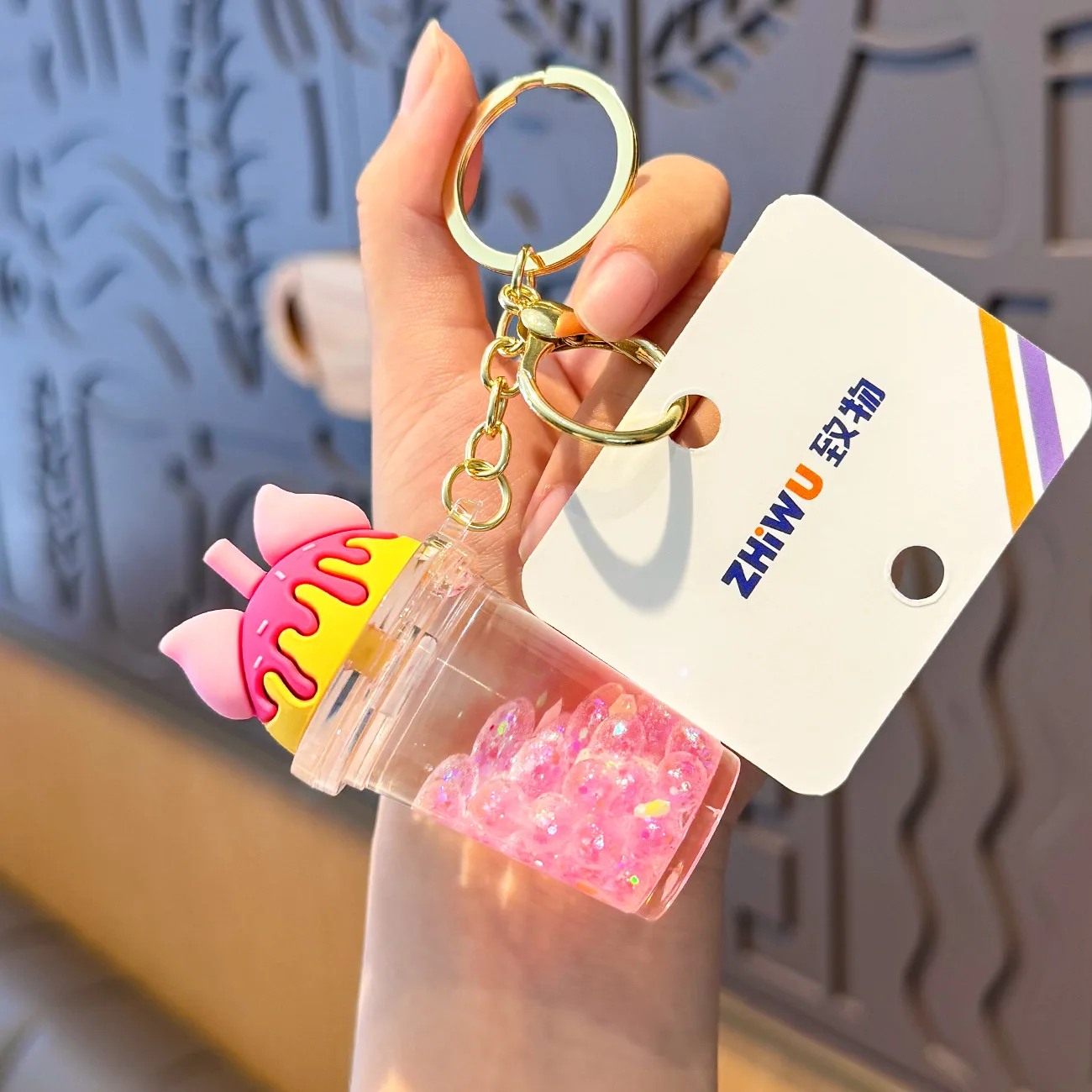 20234 New Cute Acrylic Keyring Key Chain Ring Oil Floating Little Cartoon Bubble Boba Quicksand Milk Tea Cup Liquid Keychain