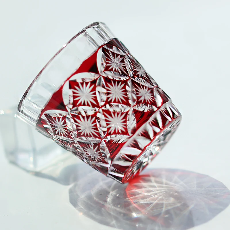 Hand Blown Hand Carved Sake Glass Japanese Style Beautiful Patterns Liquor Shot Glass Blue&Red&Purple Color Overlay Glass