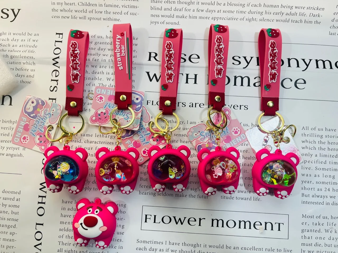 Oil Floating Fruit Strawberry bear Quicksand Ass Filled Glitter Liquid Keychain Cute Fruit Liquid Bag Key Chain Pendant for kids