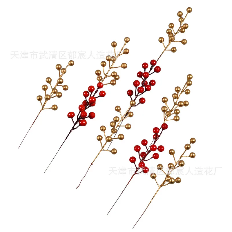 Simulation 12 red fruit head golden small fan leaf love wood hydrangea flowers Eucalyptus New Year blessing bucket f