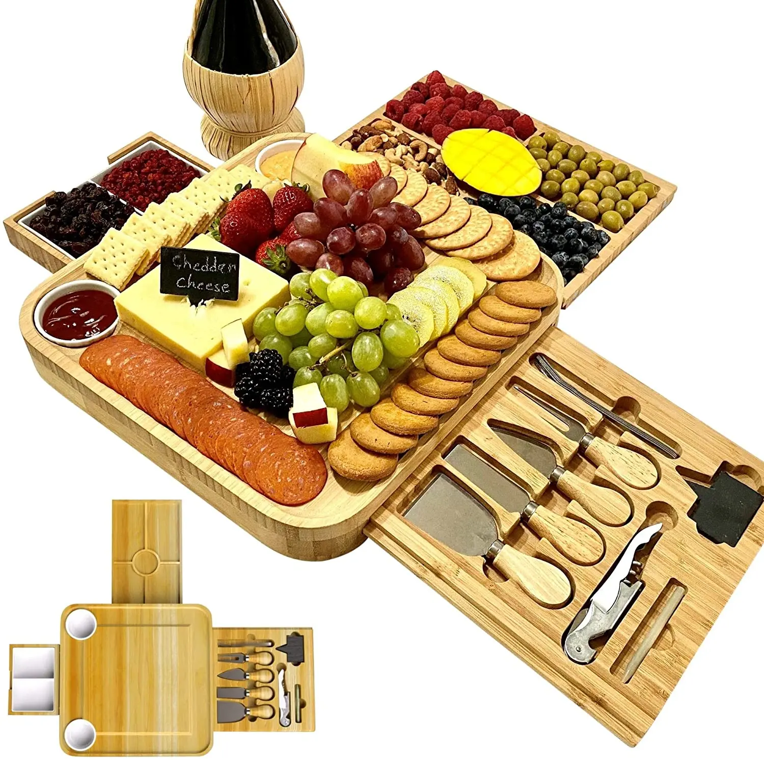 
Combohome Bamboo Board Cheese Tray With Tool Holder Cheese Board Bamboo Four Ceramic Knife Chop Board 