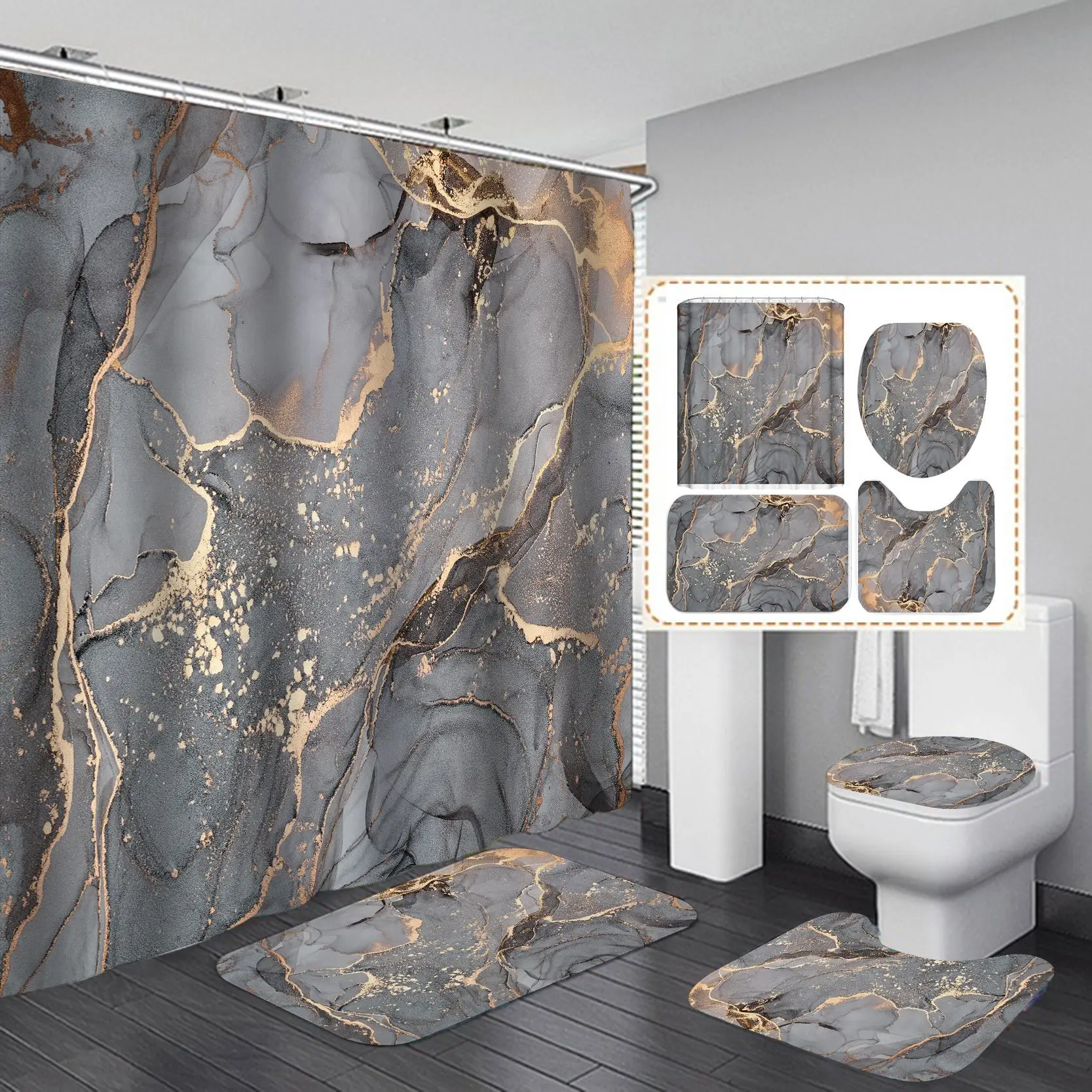 Designer Art Marble Print Shower Curtain Bath Mats Set Waterproof Toilet Cover Toilet Rug Polyester Fabric Shower Curtains