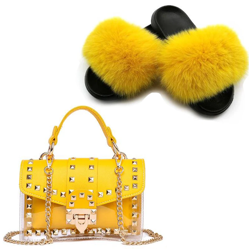 Шлепанцы женские с мехом лисы, милые пушистые меховые тапочки, Желейная сумка на плечо, комплект обуви, пляжные меховые сандалии через плечо