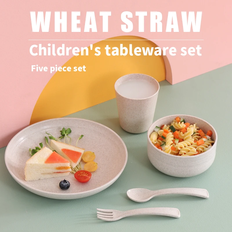Eco plastic cup plates for kids set of 5 wheat fiber children tableware set easy clean dinnerware set with plate