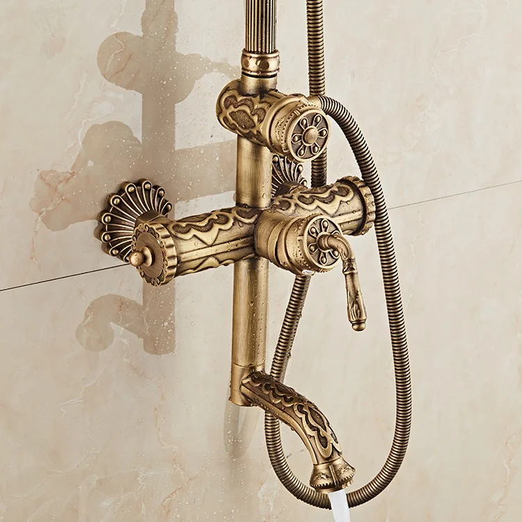 Luxury Antique Brass Shower Faucet Set European Style Exposed Shower Mixer