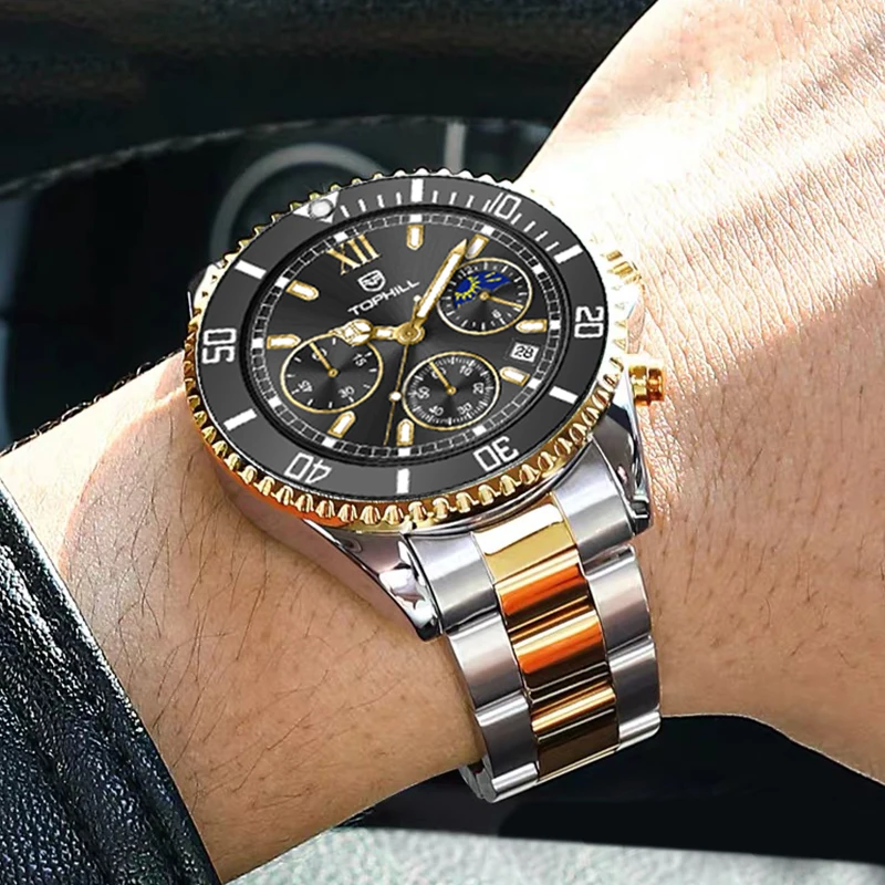 Tophill Classic Vintage Green Water Ghost Dial Multifunctional Movement Stainless Steel Straps Custom Cool Mens Quartz Watches