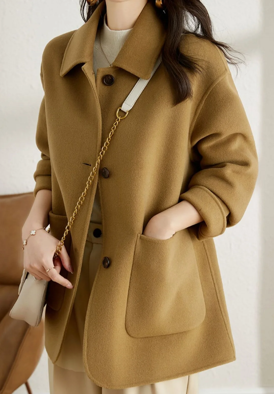 Autumn and Winter New Korean Version Solid Fashion Simple Elegant Woolen Overcoat Coats for Women