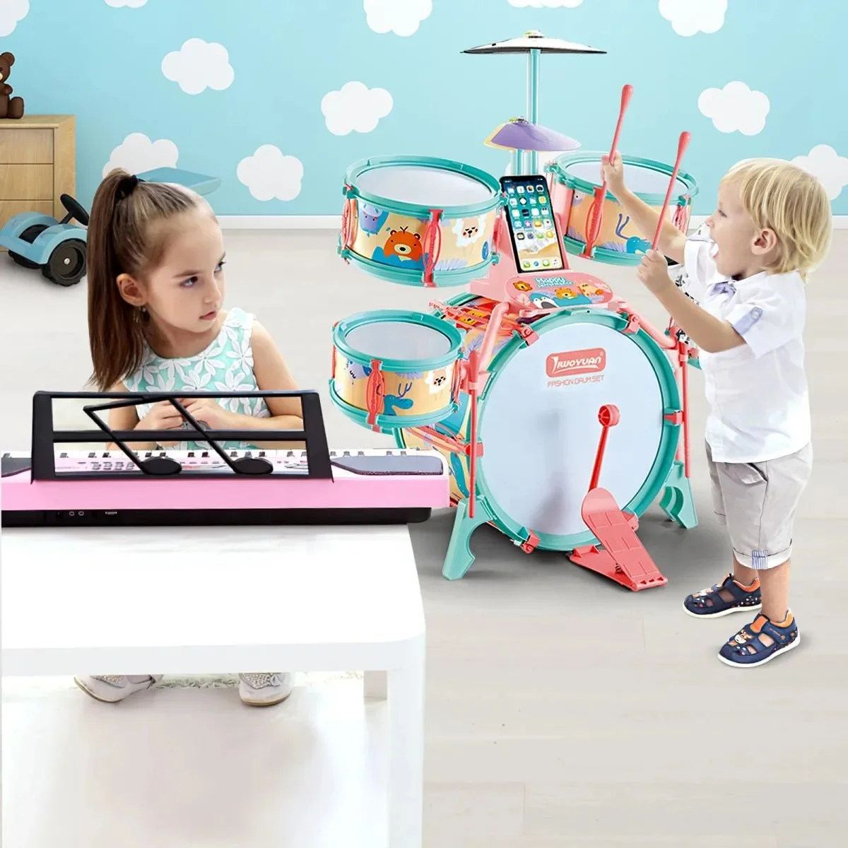 Children Jazz Drum Play Set with Stool Cartoon Educational Musical Instrument Toys Multifunctional Jazz Drum Set Toy for Kids