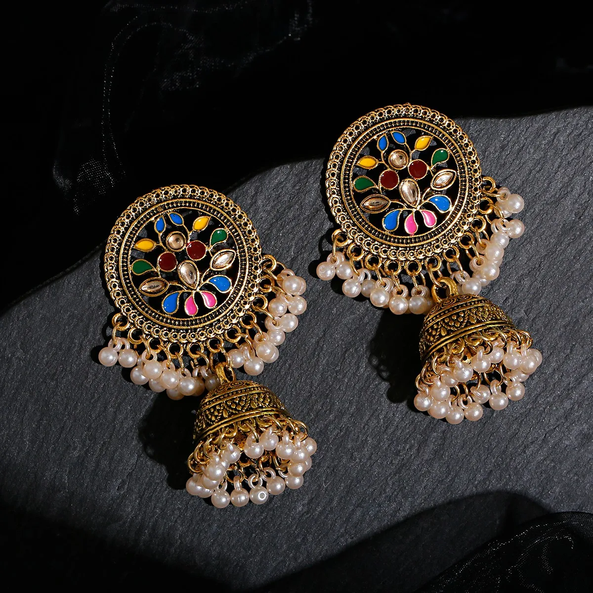 Women Boho Vintage Antique Gypsy Tribal Indian Oxidized White Pearl Drop Flower Gemstone Jhumka Jhumki Earrings Set Jewelry
