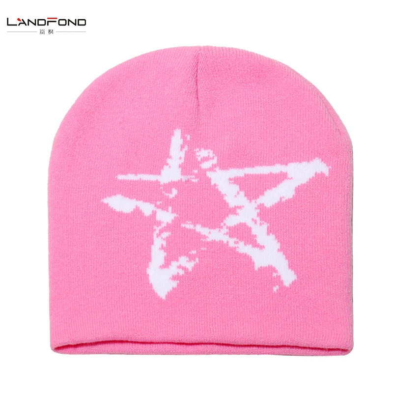 Landfond accessory solid color beanie with color matching star jacquard knitted winter warm beanie hat