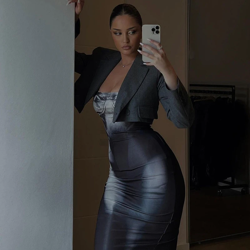 J3605 fashion body print sexy sleeveless string dress