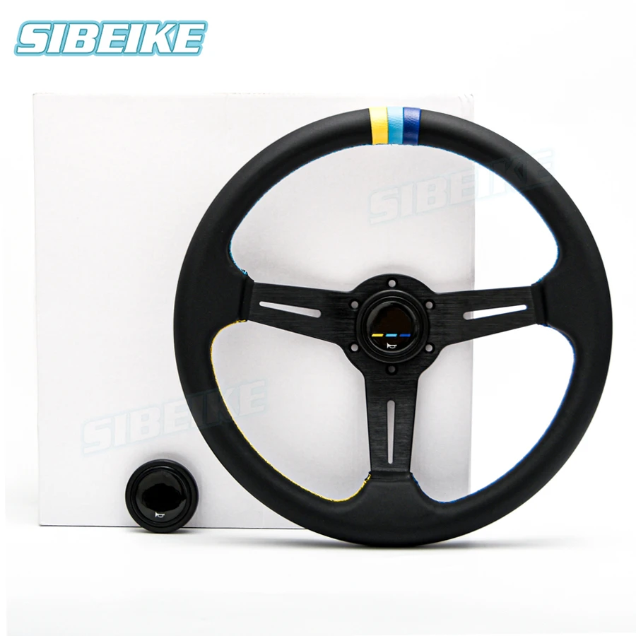 JDM Style Steering Wheels 6-Bolt Deep Dish Black Leather Racing Steering Wheel 350mm/14inch Customization