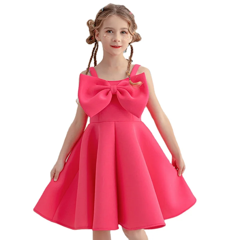 Red Party Children Clothing Sleeveless Big Bow on Bodice Satin Knee Length Summer Fashion Performance Girl Dresses for Toddler