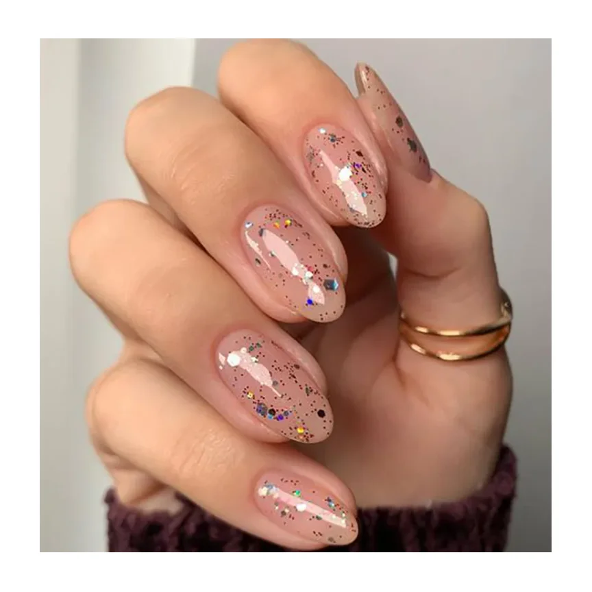 Beauty Long Lasting Full Cover Glitter Luxury Pink Press On Nails Tips Acrylic ABS Almond False Nails Wholesale Faux Ongles