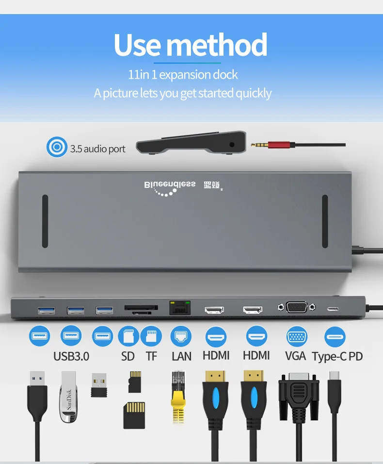  Двойной HDTV 11 в 1 Тип C концентратор с Vga Ethernet алюминий Usb для ПК