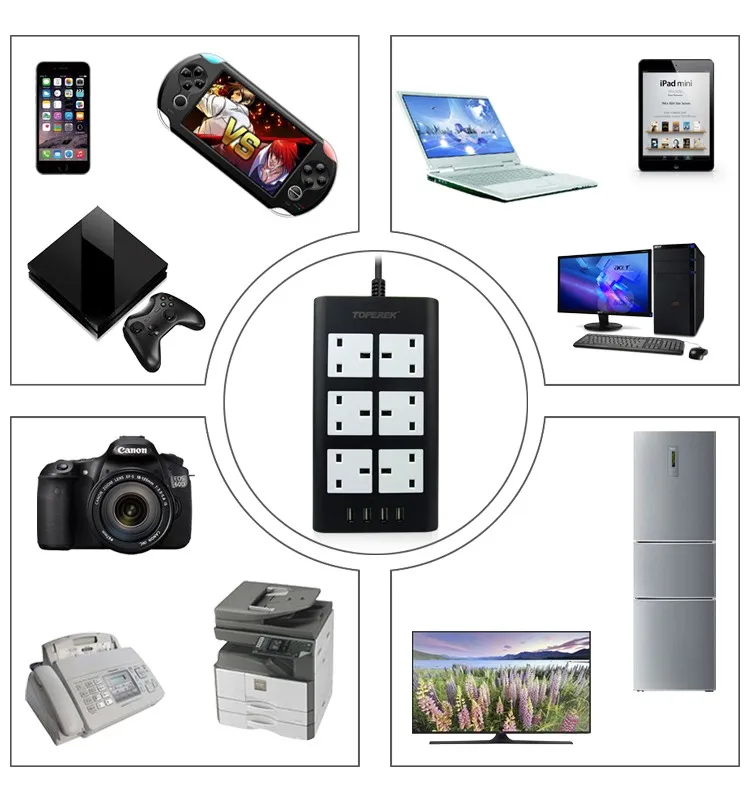 2022 BSCI Factory UK Flat Design Smart Plug Power Strip Extension Socket 13A Electronic Supplies