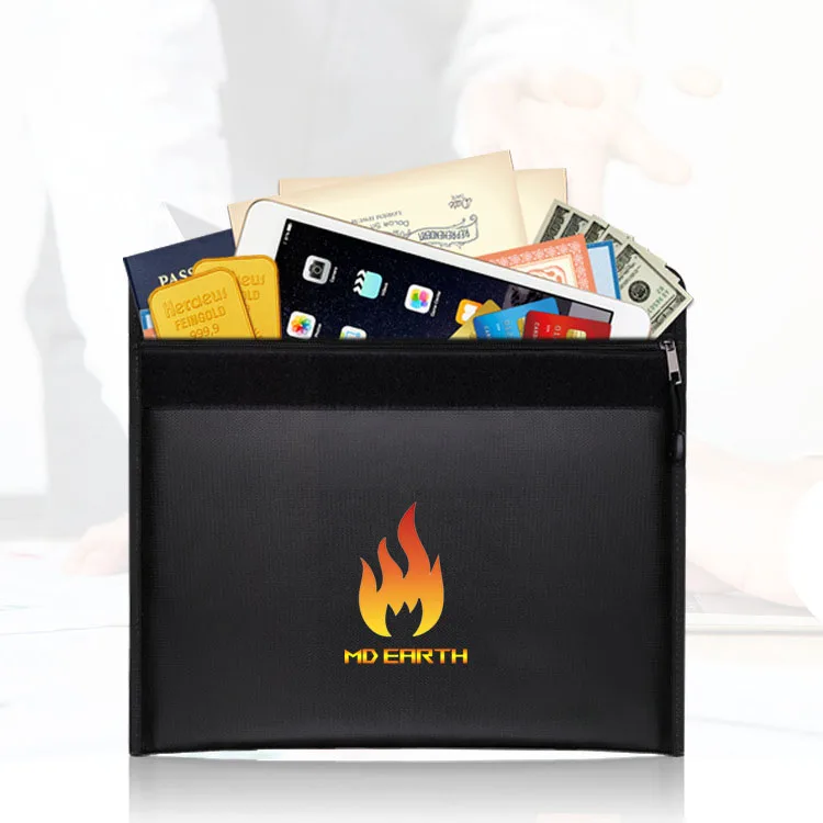 28*38cm In Stock File Holder Waterproof Black Fiberglass Fabric Fireguard Large Capacity Documents Fireproof Bag
