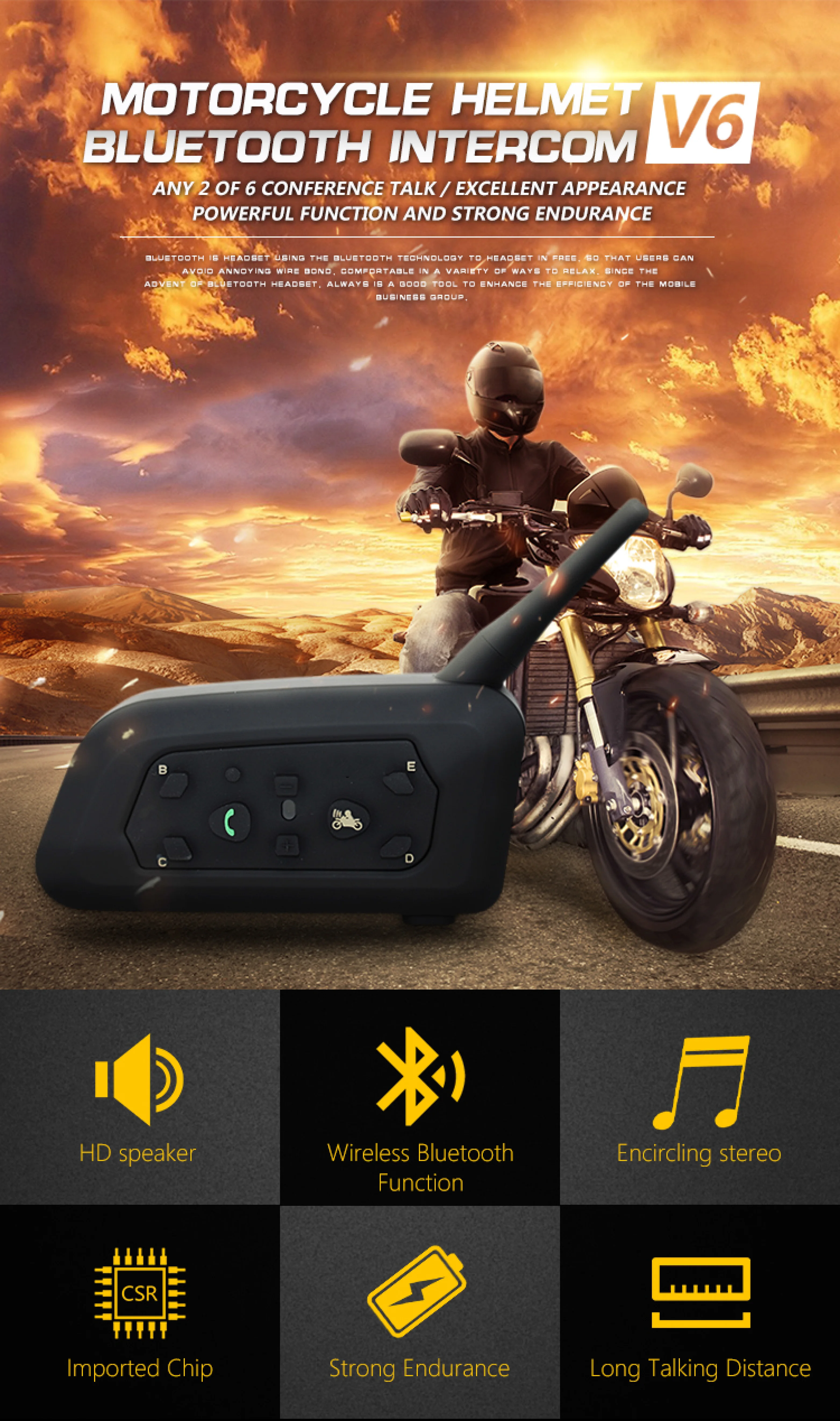 100% Waterproof 6 Riders Helmet Intercom V6-Plus BT5.0 Motorcycle Intercom for Motorcycle Accessories