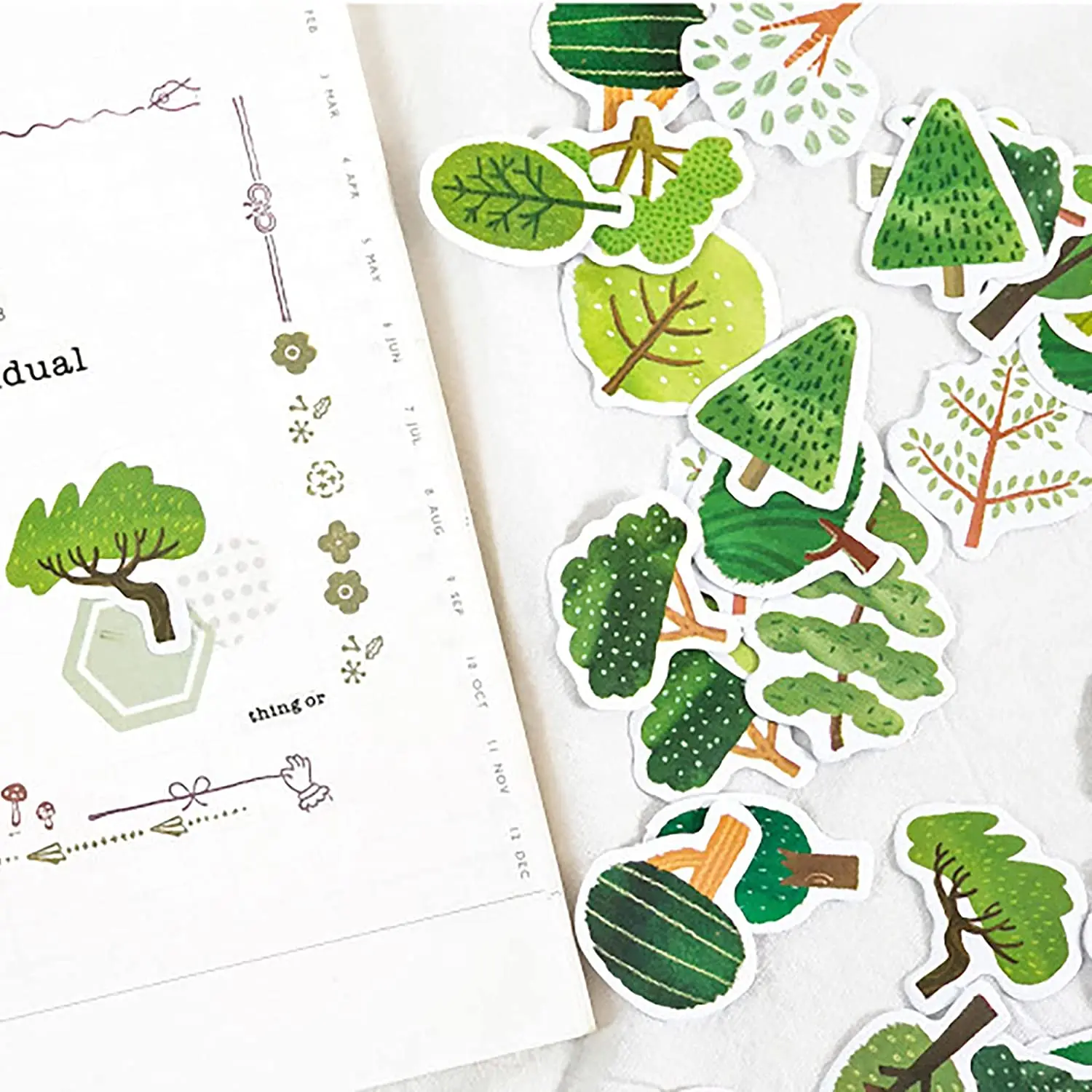 46PCS Cute Boxed DIY Mini Size Cartoon Forest Trees Adhesive Paper Stickers for Laptop Planners Scrapbook Diary