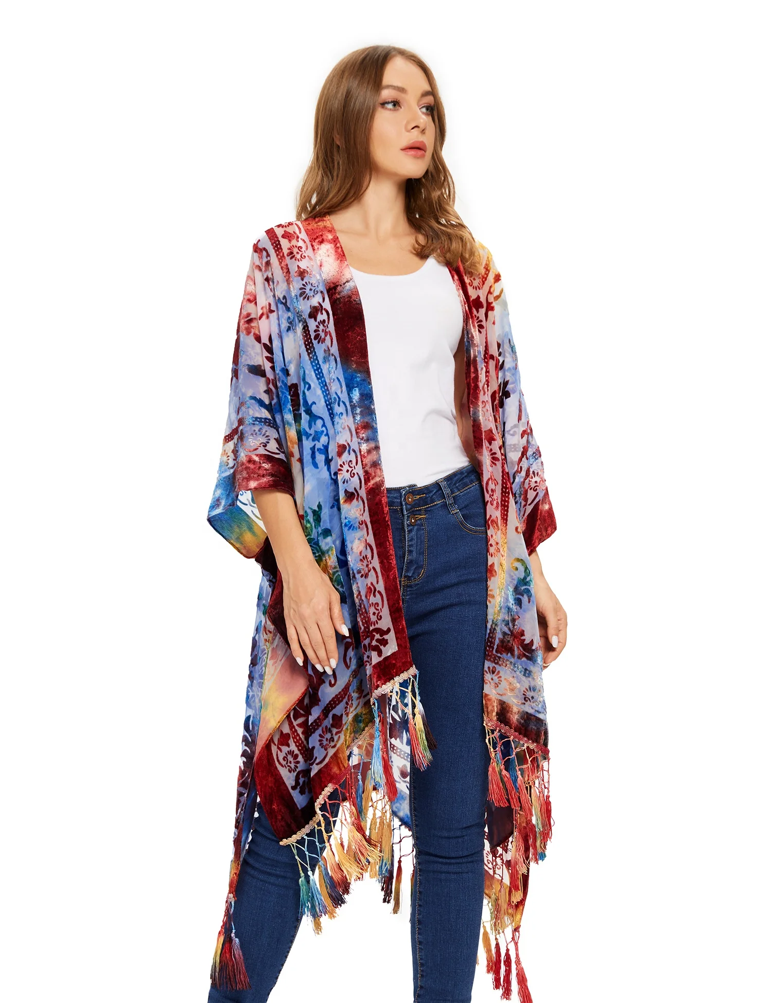 Vintage VTG Bohemian Velvet Burnout Fringed Patterned Shawl Kimono Jacket One Size