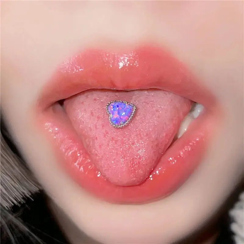 New 1PC Surgical Steel Opal Tongue Rings For Women Heart Shape Ear Tragus Cartilage Cheek Piercing Opal Heart Tongue Piercing
